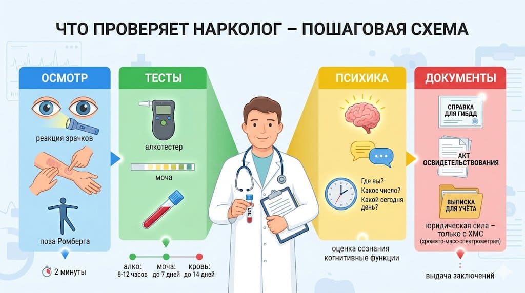 Пошаговая схема приема у нарколога: этапы визуального осмотра, лабораторных тестов, оценки психики и выдачи документов с временными шкалами детекции