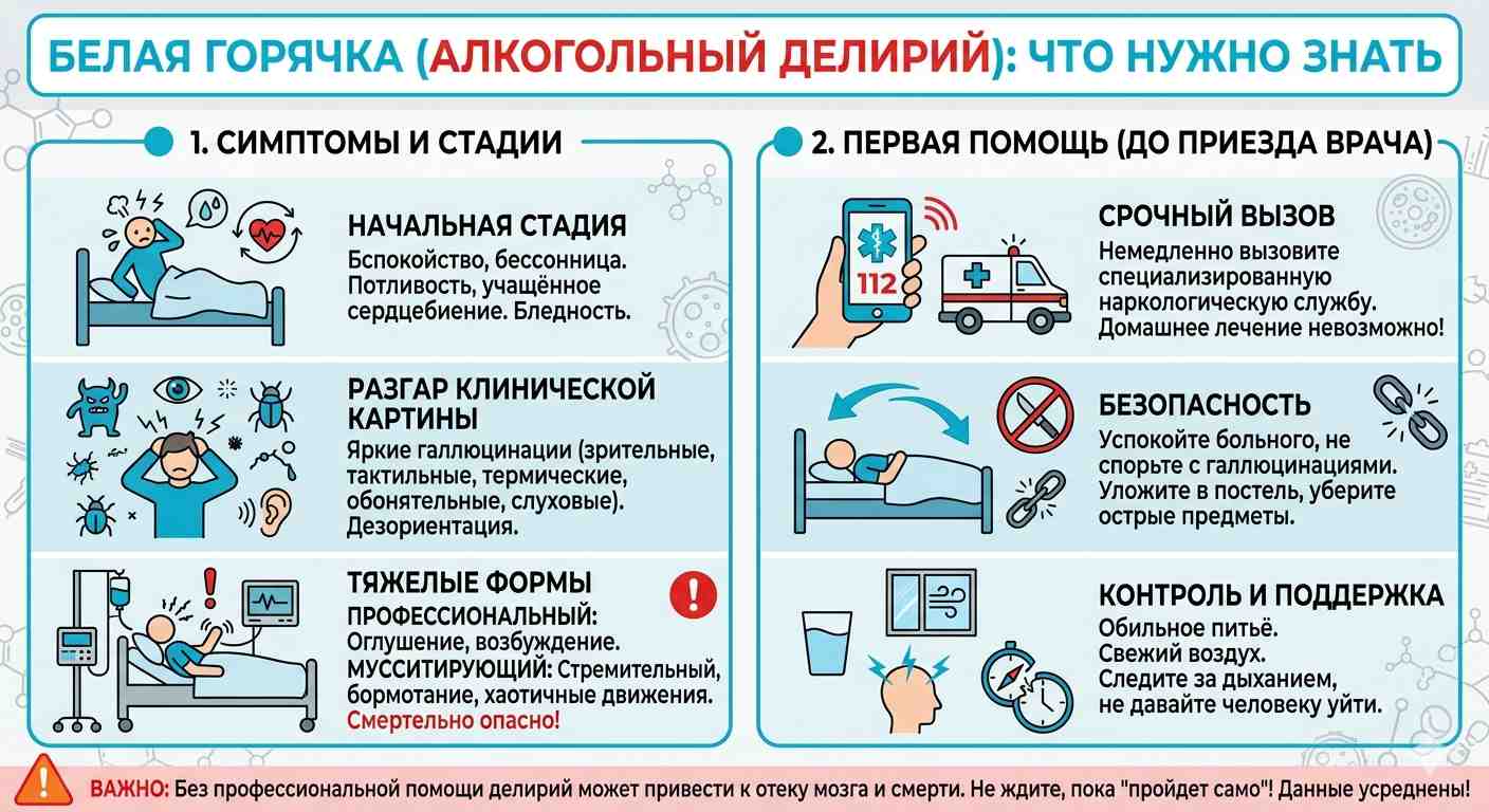 Инфографика белая горячка симптомы и лечение: стадии алкогольного делирия, первая помощь больному и риски для жизни
