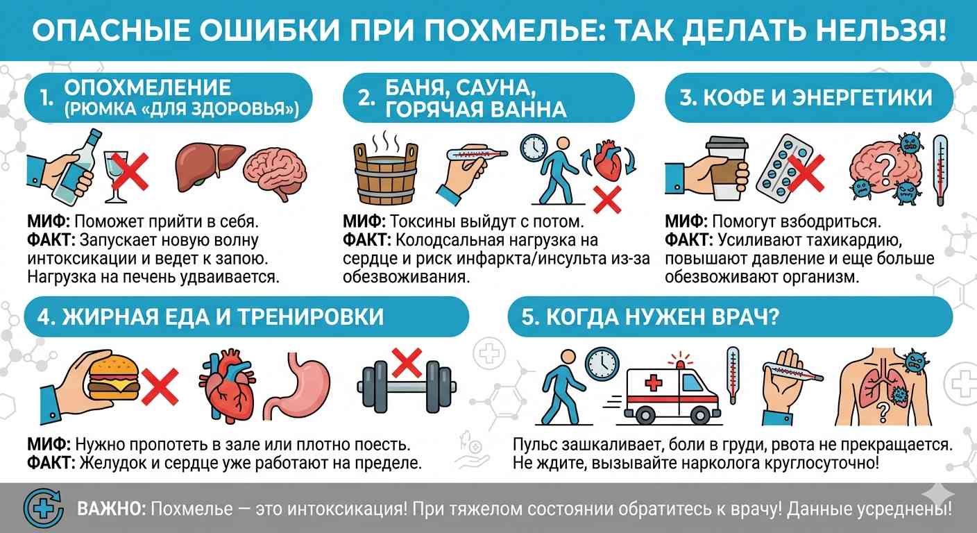 Инфографика чего нельзя делать при похмелье: вред опохмеления, опасность бани и сауны