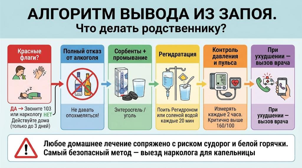 Пошаговая инфографика: алгоритм безопасного вывода из запоя на дому для родственников с указанием красных флагов и правил первой помощи