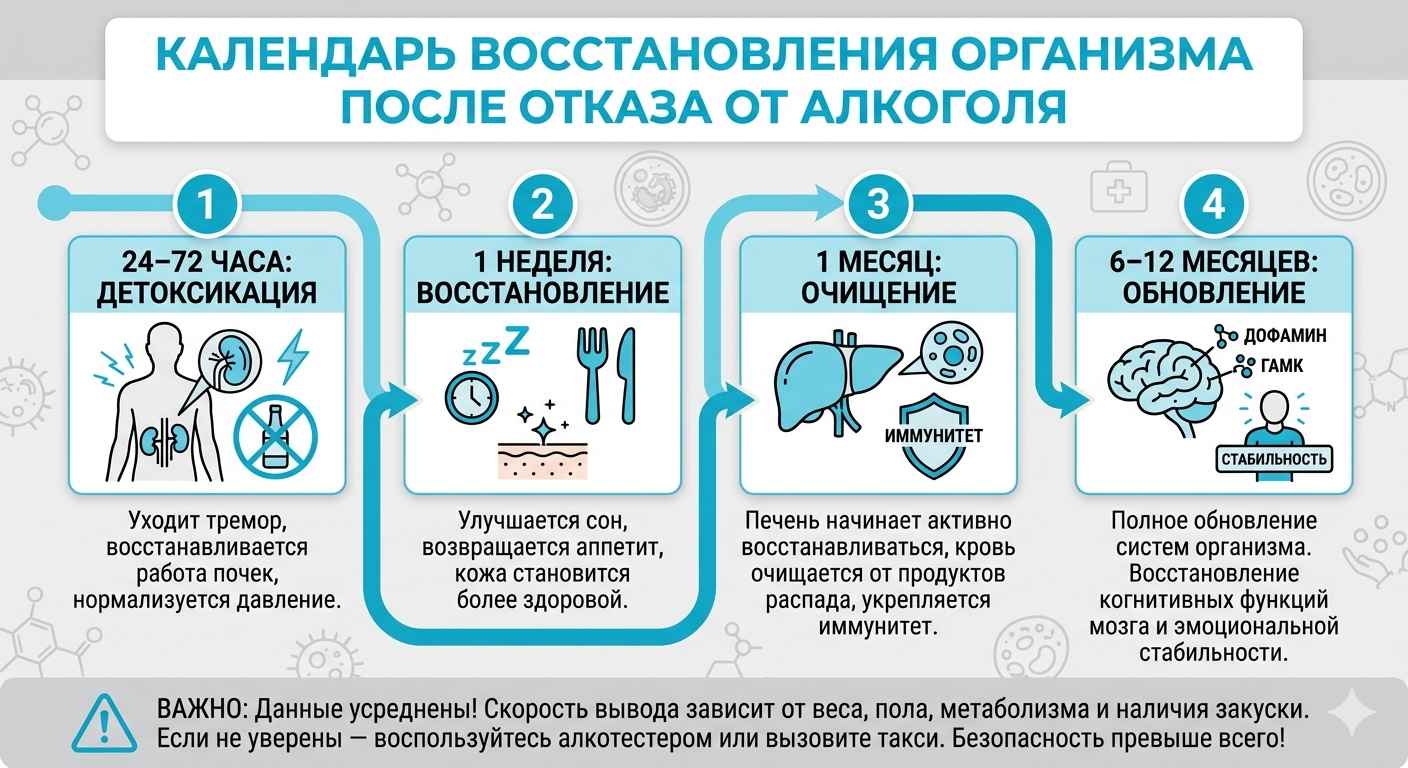 Инфографика календарь восстановления организма по дням и месяцам после отказа от алкоголя: этапы очистки печени, крови и мозга