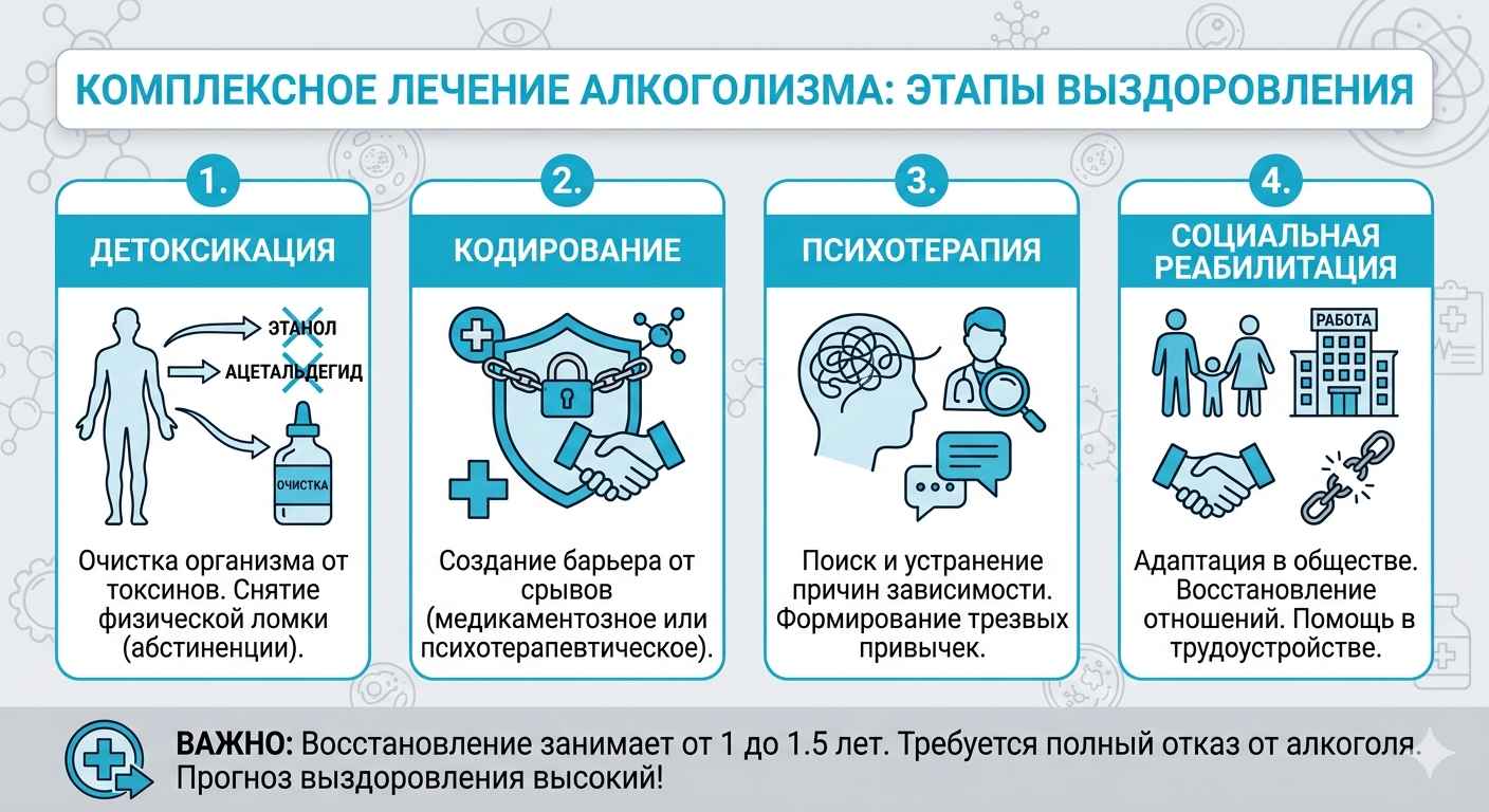 Инфографика о комплексном лечении алкоголизма: этапы детоксикации, кодирования, психотерапии и социальной реабилитации