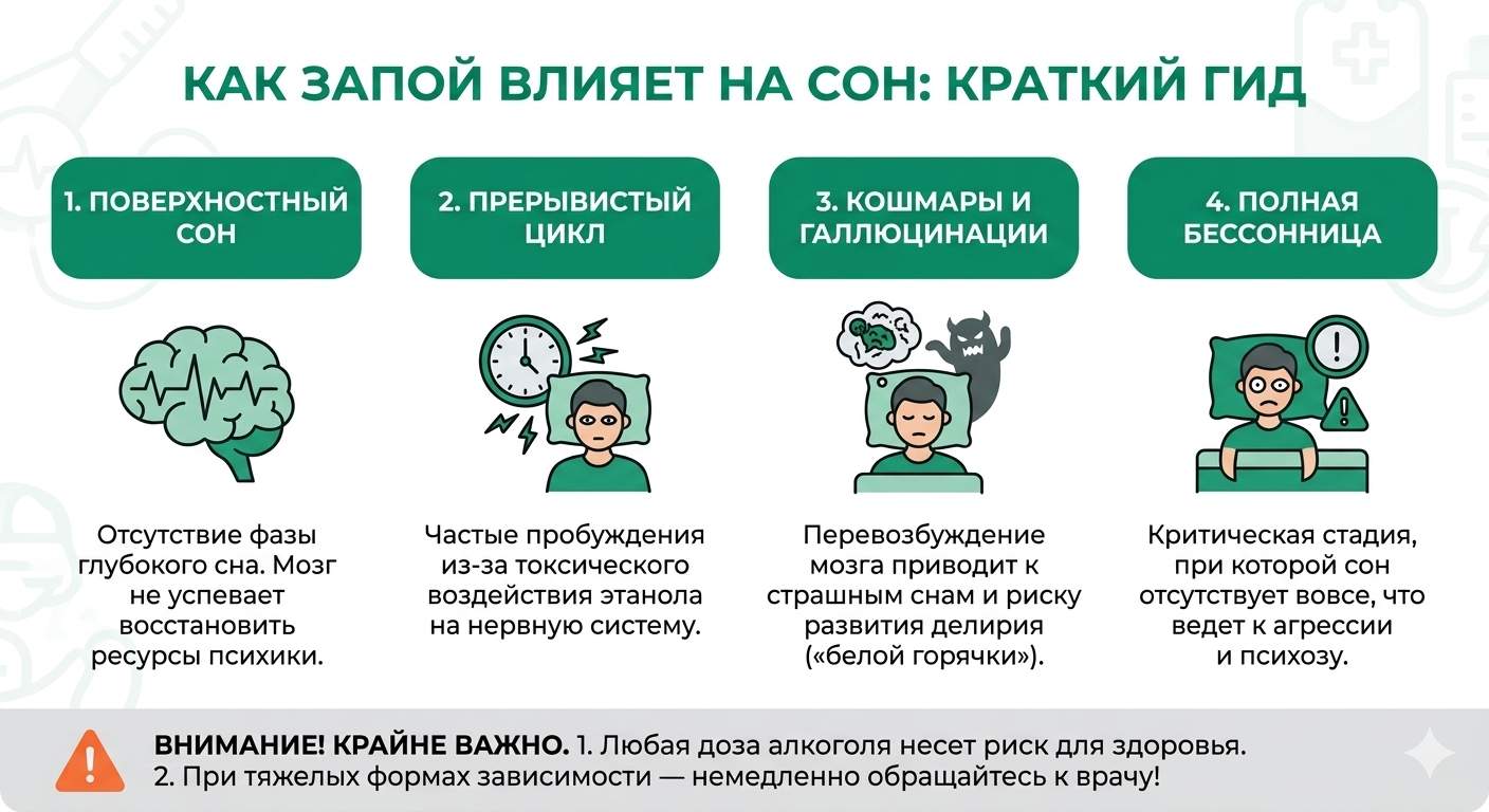 Инфографика о нарушениях сна после запоя: причины бессонницы, прерывистого сна и кошмаров