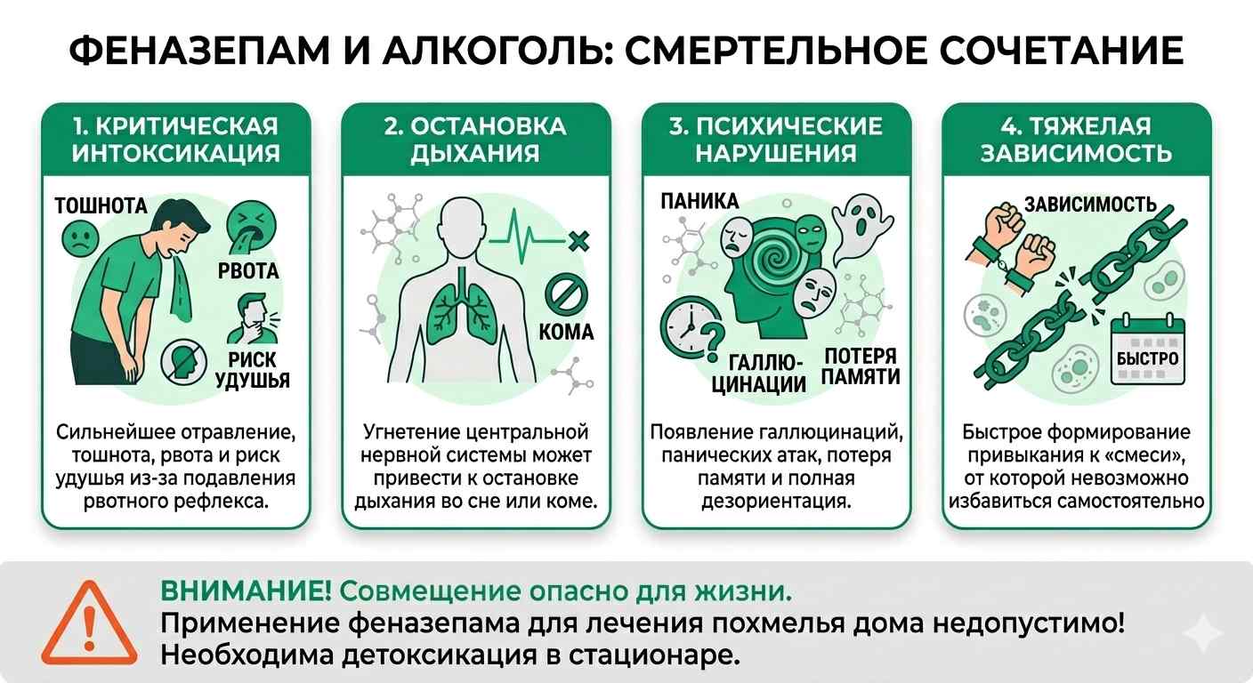 Инфографика о последствиях приема феназепама с алкоголем: остановка дыхания, галлюцинации и интоксикация