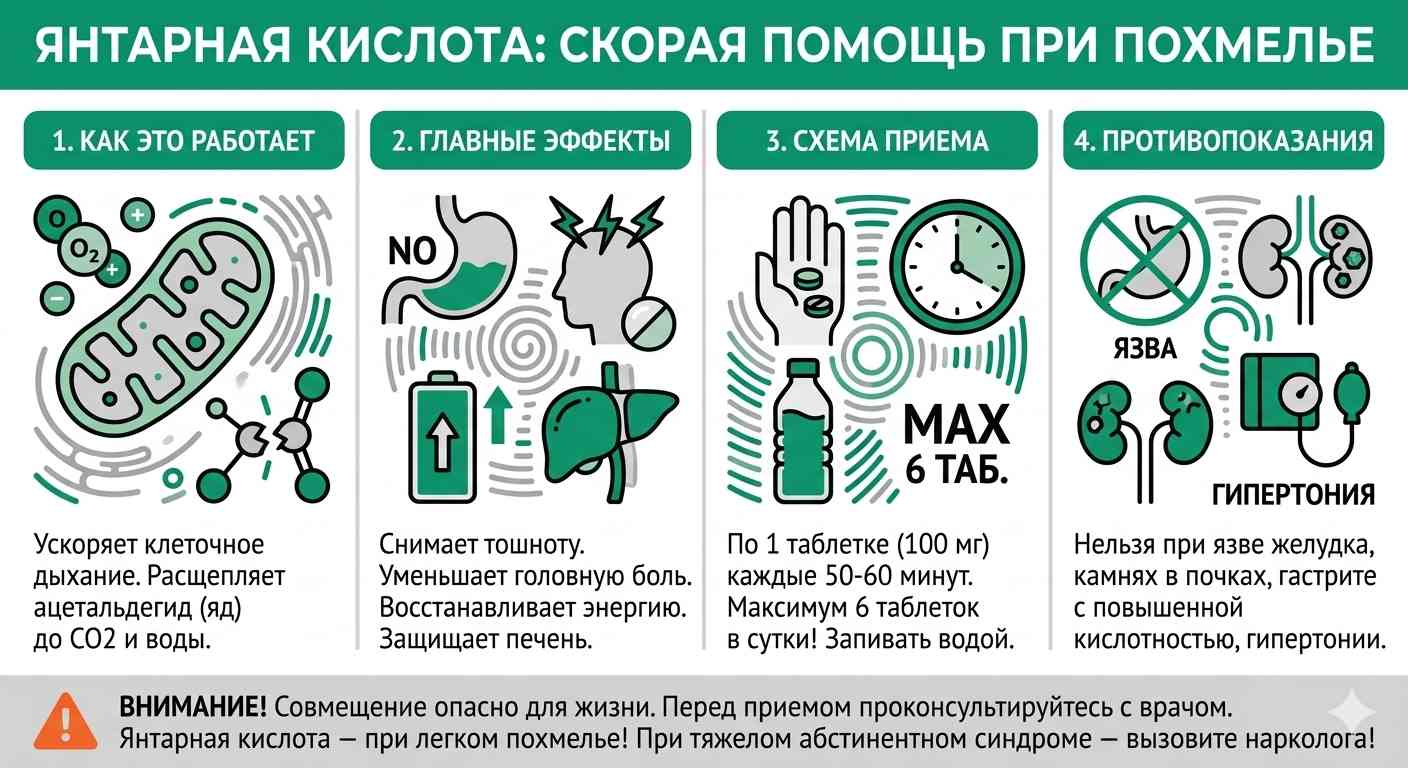 Инфографика о применении янтарной кислоты при похмелье: польза, дозировка и противопоказания