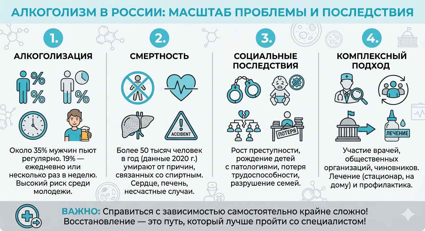 Инфографика о проблеме алкоголизма в России: статистика регулярного употребления среди мужчин и молодежи, данные по смертности, социальные последствия и необходимость комплексного лечения