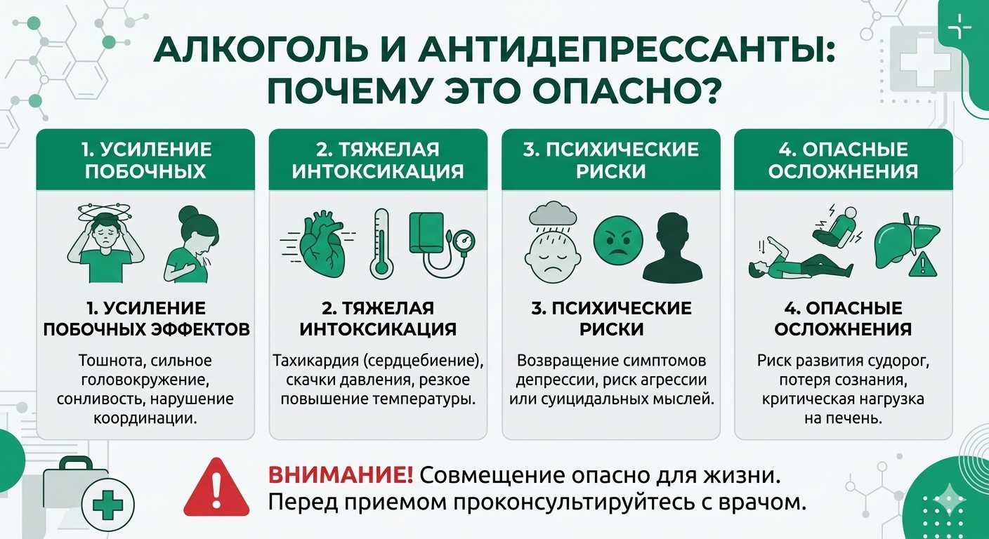 Инфографика о рисках совмещения алкоголя и антидепрессантов: симптомы отравления и побочные эффекты
