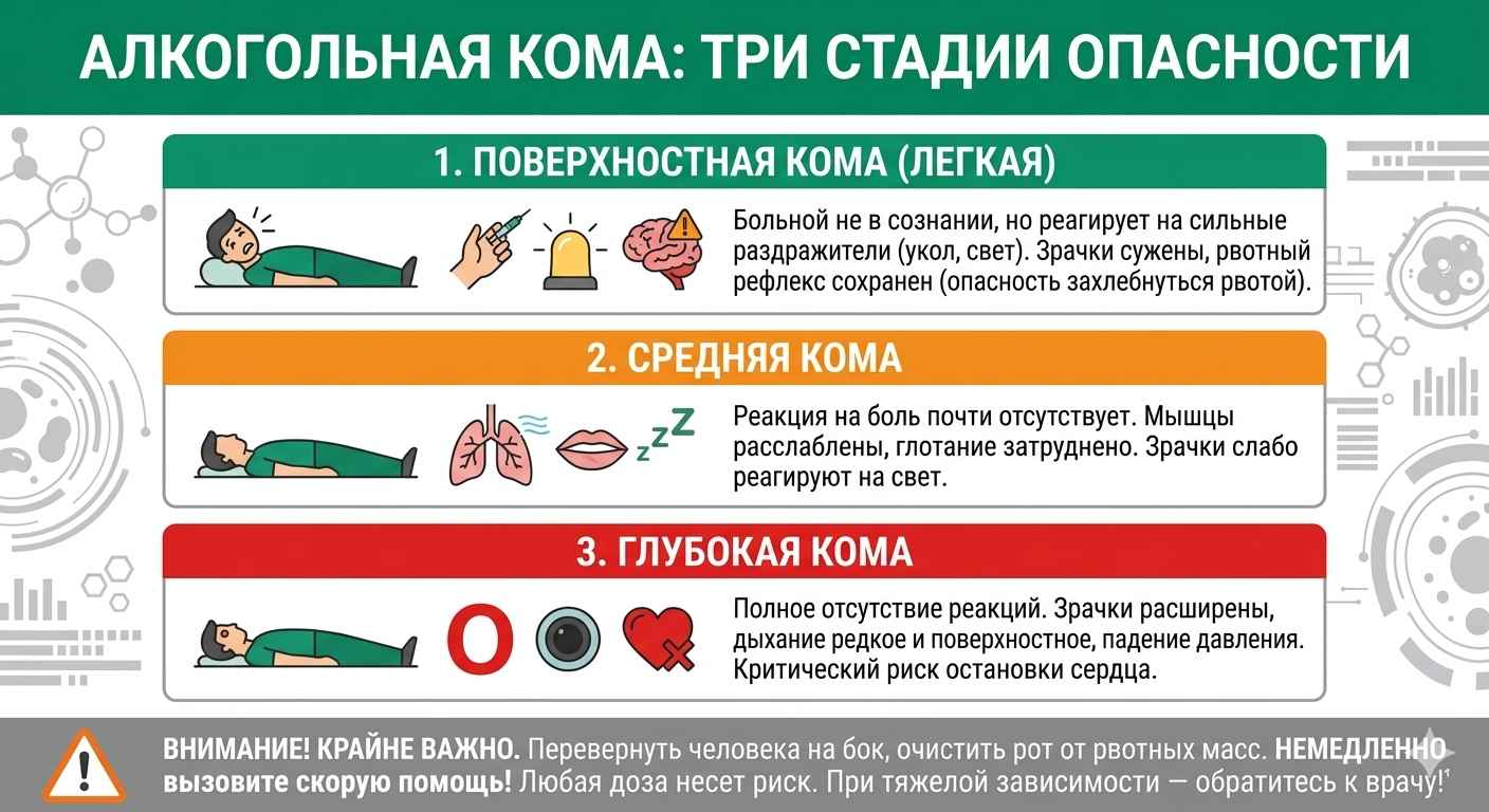 Инфографика о стадиях алкогольной комы: поверхностная, средняя и глубокая стадии с описанием симптомов