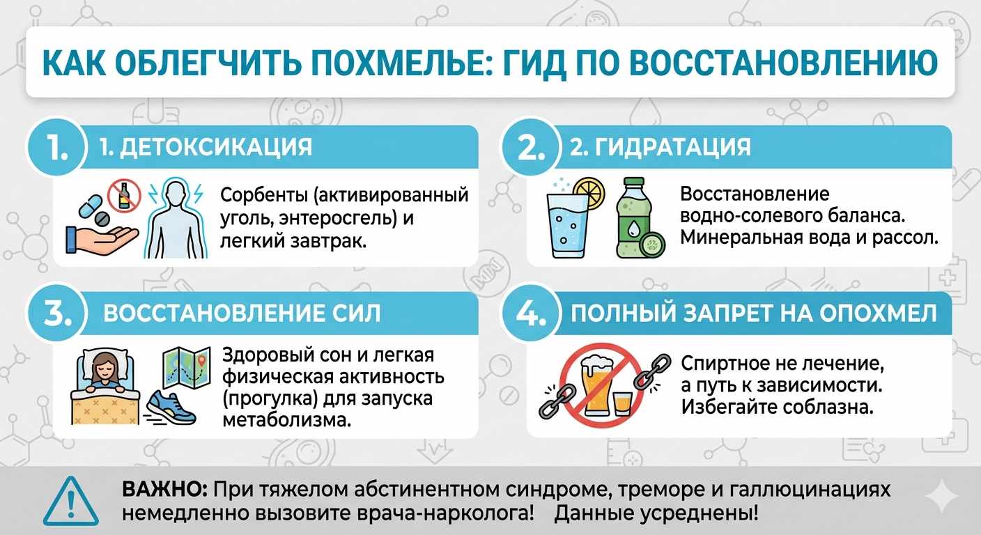 Инфографика о том, как облегчить похмелье: советы по детоксикации, гидратации организма, восстановлению сил и предупреждение о вреде опохмела