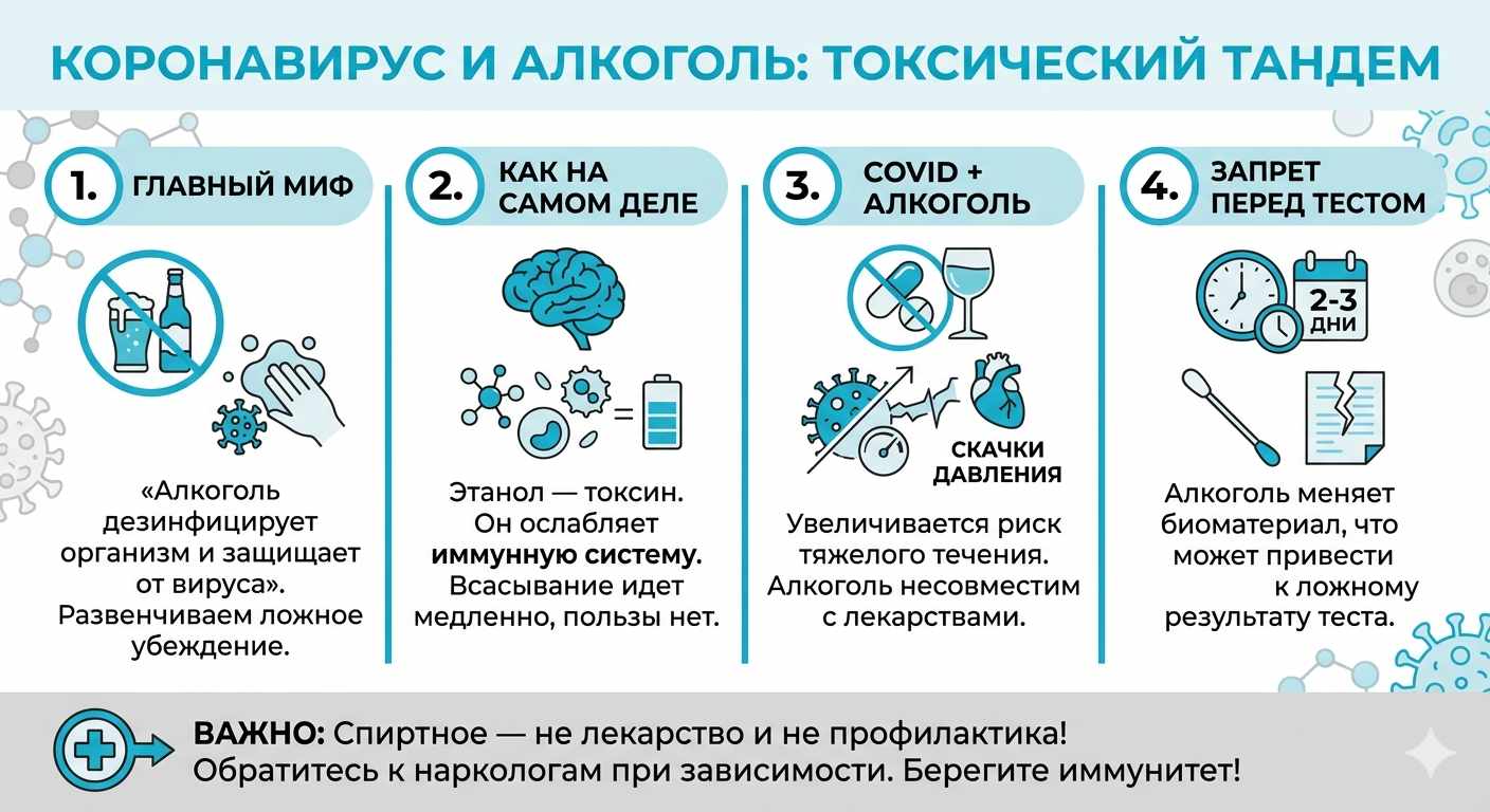 Инфографика о вреде алкоголя при коронавирусе: развенчание мифа о дезинфекции и риски тяжелого течения COVID-19