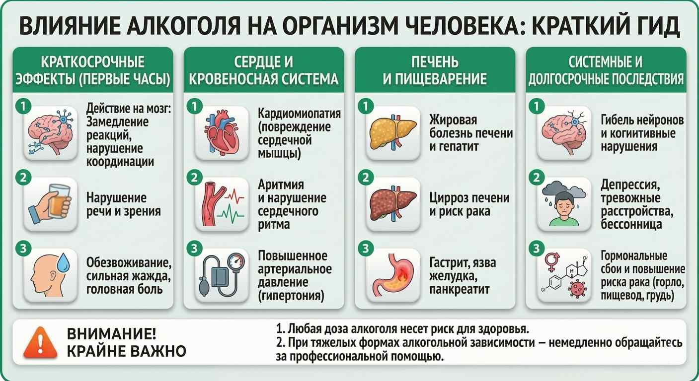 Инфографика о вреде алкоголя: воздействие на мозг, сердце, печень и нервную систему человека