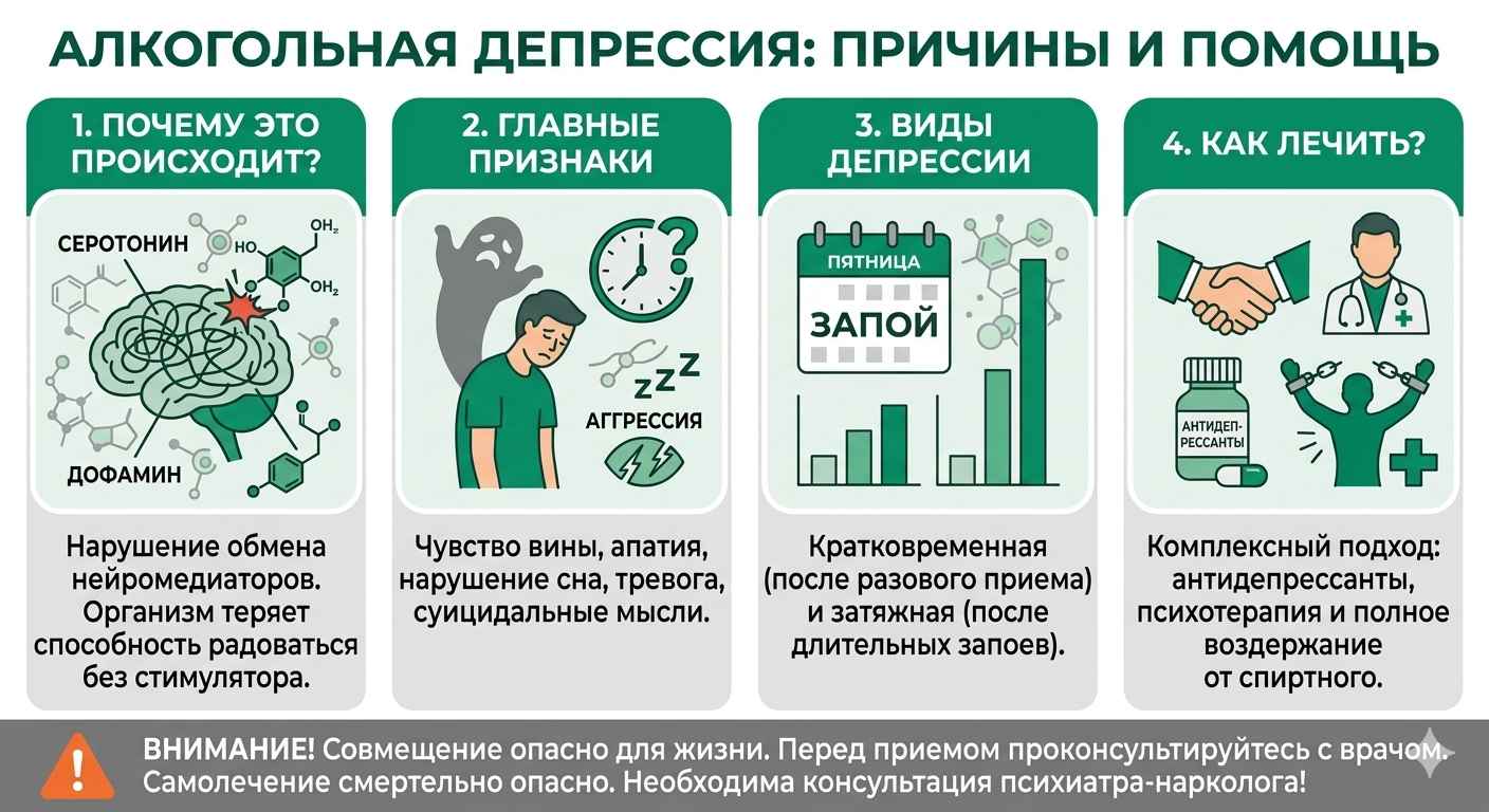 Инфографика об алкогольной депрессии: причины нарушения серотонина, симптомы апатии и методы лечения