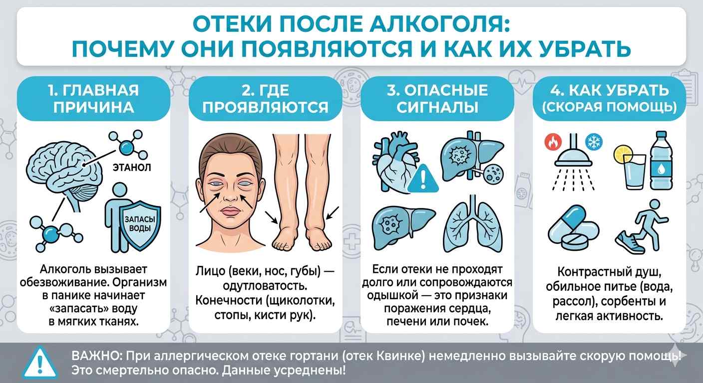 Инфографика причины отеков после алкоголя и способы быстро убрать одутловатость лица и конечностей после запоя