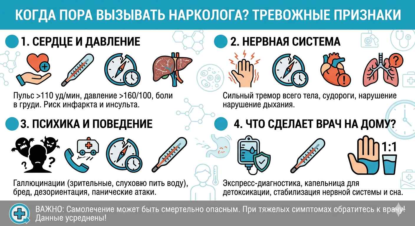 Инфографика признаки для вызова нарколога на дом: тахикардия, галлюцинации, тремор, судороги и высокое давление после алкоголя