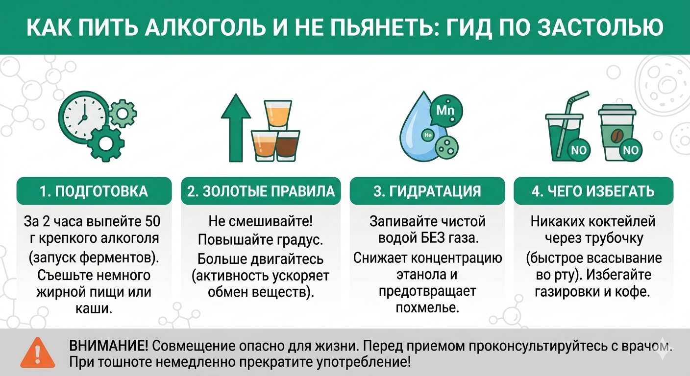 Инфографика с советами как не опьянеть: подготовка к застолью, правила смешивания напитков и гидратация