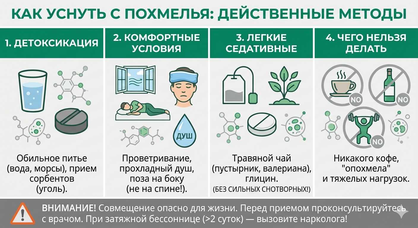 Инфографика с советами, как уснуть при похмелье: методы детоксикации, безопасные позы для сна и запреты