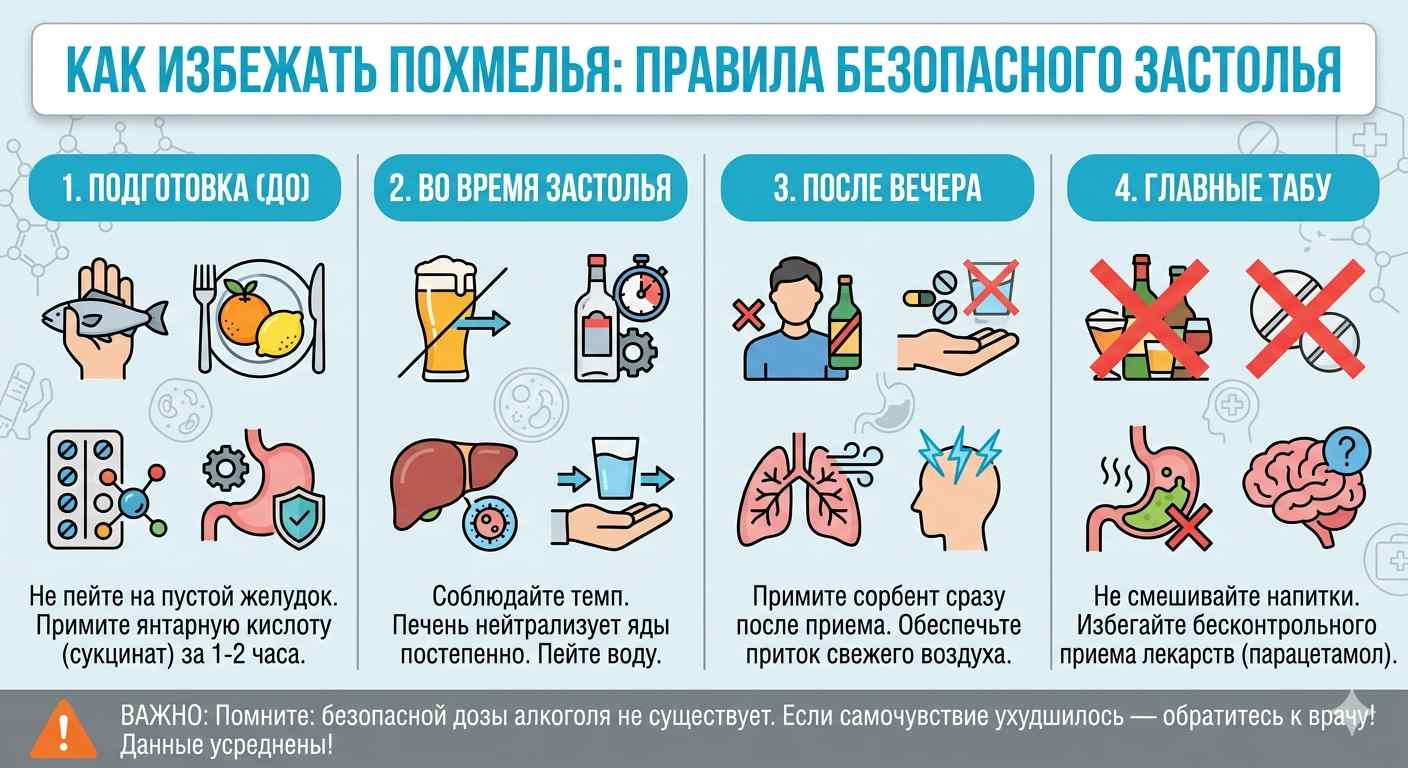 Инфографика советы как избежать похмелья: правила приема алкоголя, использование сорбентов и янтарной кислоты для профилактики интоксикации