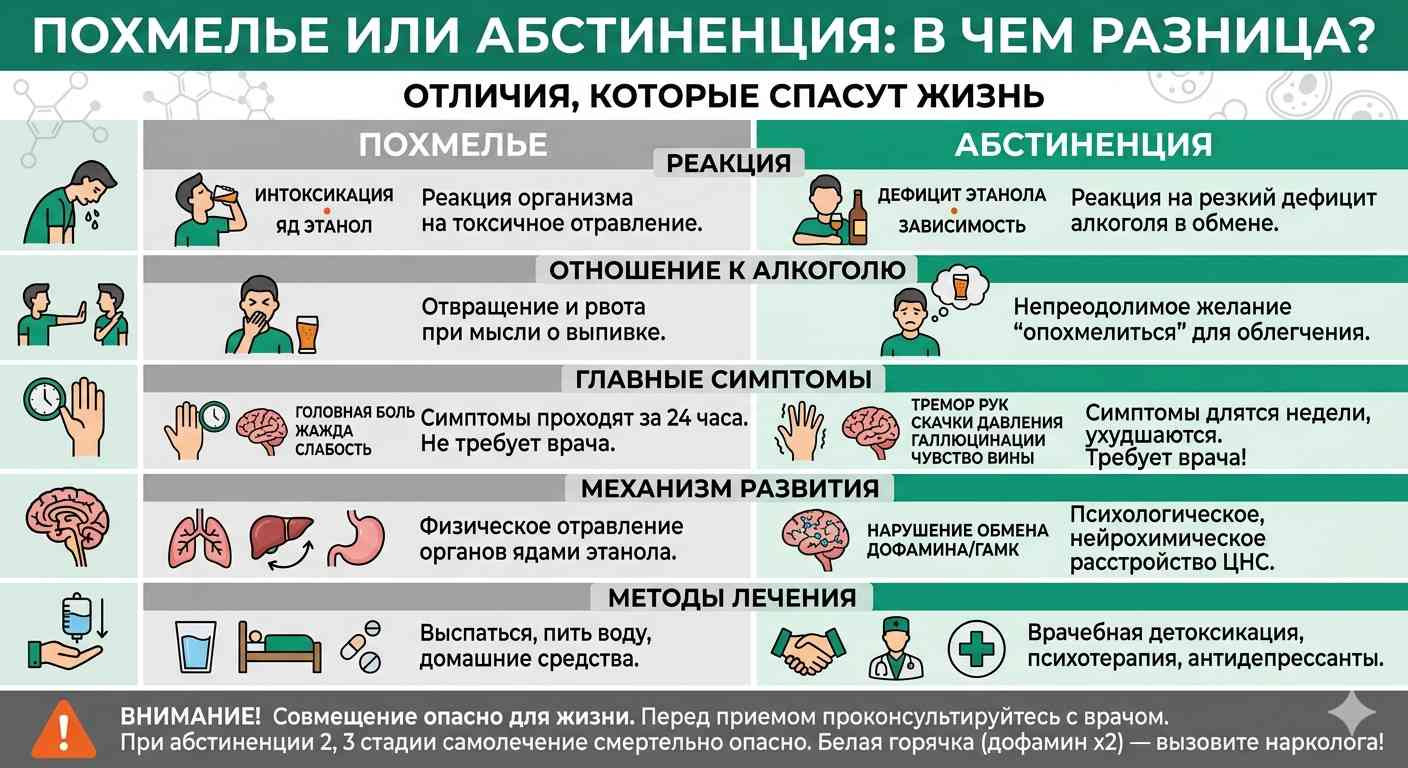 Инфографика сравнение похмелья и абстинентного синдрома: отличия в симптомах, механизмах и методах лечения