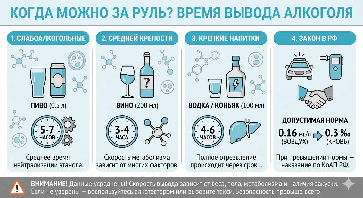 Инфографика время вывода алкоголя из организма: через сколько можно за руль после пива, вина и водки
