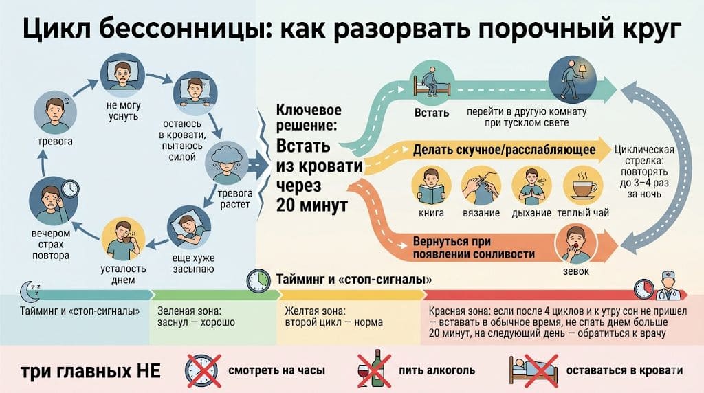 Инфографика про цикл бессонницы и способ его разрыва: пошаговый алгоритм действий при невозможности уснуть, зоны тайминга и главные запреты перед сном
