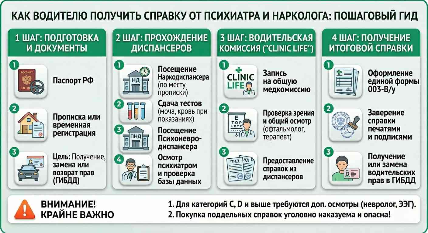 Пошаговая инфографика: процесс получения водительской справки от психиатра и нарколога, форма 003-В/у, медкомиссия в Clinic Life